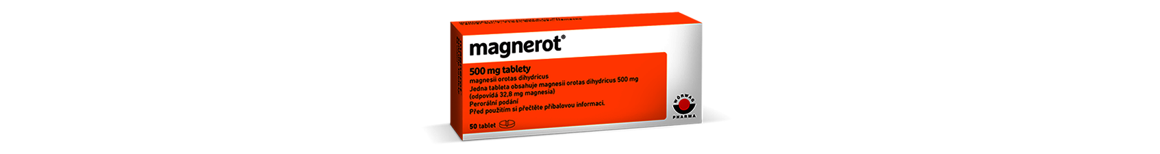 Magnerot - magnezium (horčík) v oranžové krabičce. Přípravek obsahující hořčík